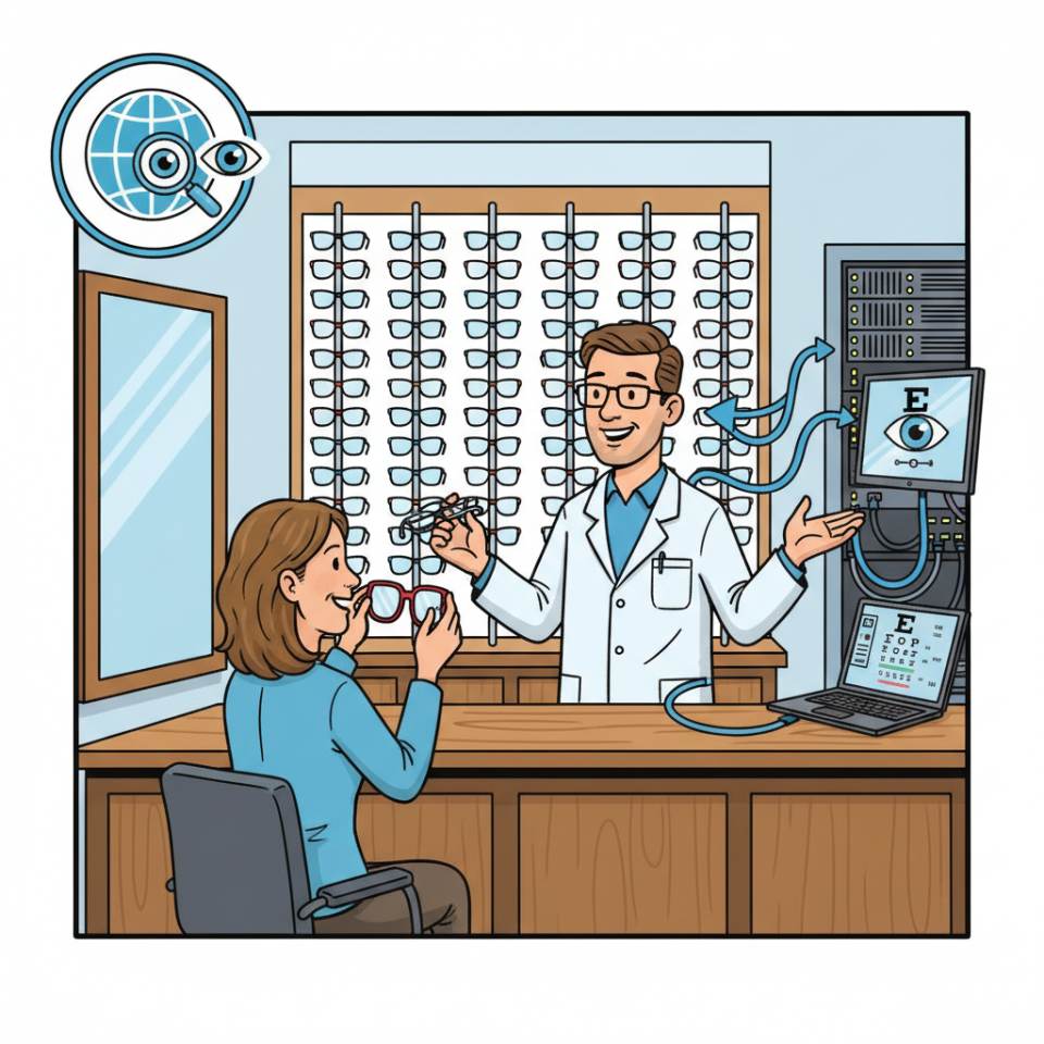 Comic-Darstellung eines Augenoptikers mit Brille, Messgerät und Kontaktlinsen am Beratungsplatz im Fachgeschäft