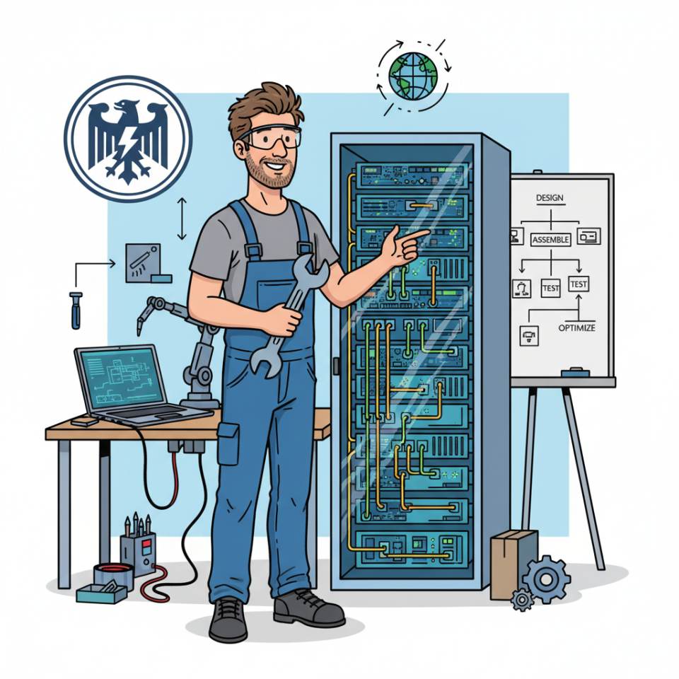 Comic illustration of a mechatronics technician with tools and measuring devices at an automated machine on the shop floor