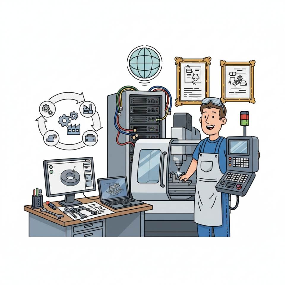 Comic illustration of a cutting machine operator at a CNC lathe with workpieces and calipers on the shop floor