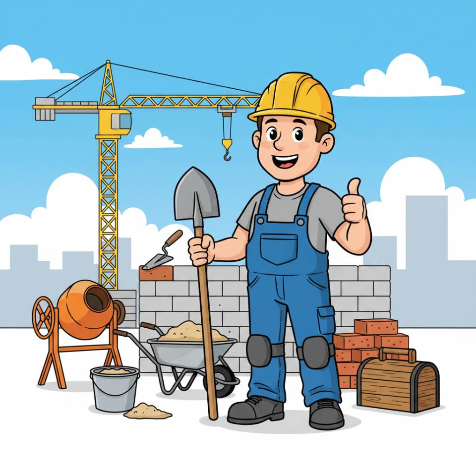 Ilustración cómic de un peón de construcción con casco y carretilla en una obra